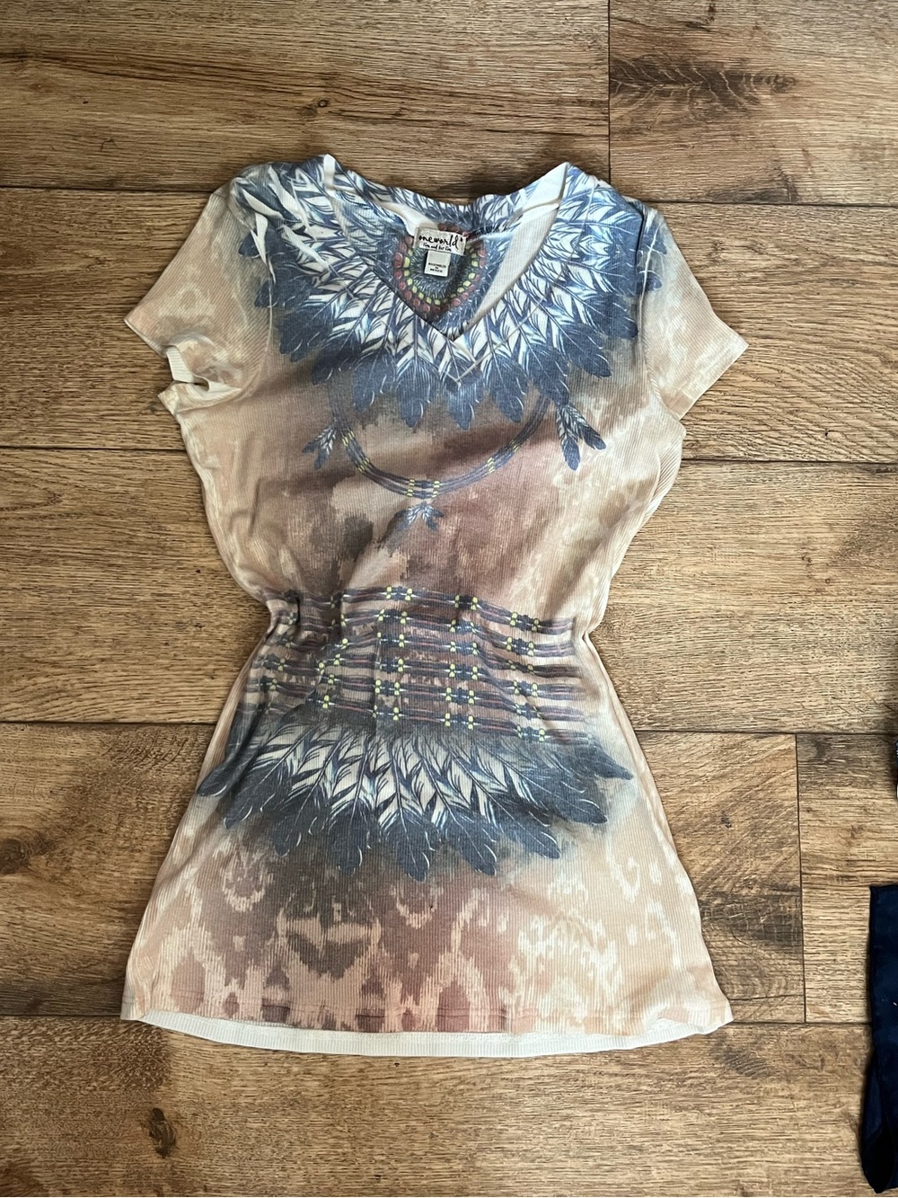 Miss Me Beige Tunic with Blue Feather Graphic